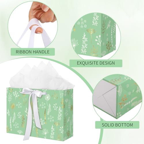 woric 13.7" Sage Green Gift Bags for Women, 2 Pcs Gift Bag with Handles | 2 Pcs Bag with Tissue Paper & Cards, Wedding Bridal Shower, Birthday Baby Showers, Special Occasions - color: Sage green