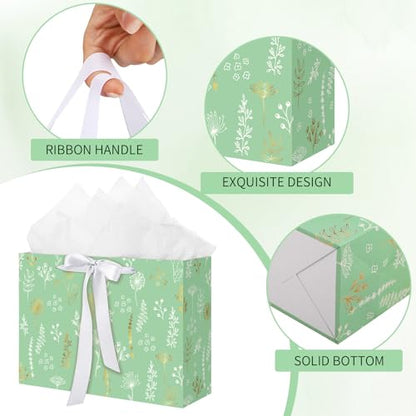 woric 13.7" Sage Green Gift Bags for Women, 2 Pcs Gift Bag with Handles | 2 Pcs Bag with Tissue Paper & Cards, Wedding Bridal Shower, Birthday Baby Showers, Special Occasions - color: Sage green