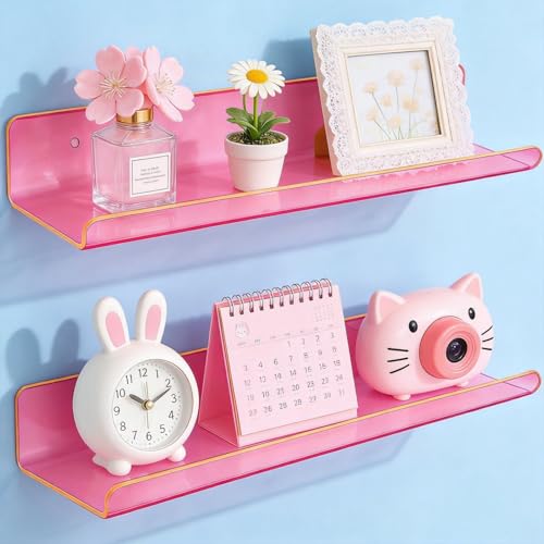 ROYALITA Small Acrylic Shelves Wall Mounted | Set of 2 | 17 Inches | Wall Hanging Plant Display Shelves, Room Decor Floating Wall Shelves for Gaming Room Bedroom, Living Room, Office, Pink - color: Neon Pink, size: 17 Inch
