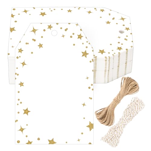 G2PLUS Gold Gift Tags with String, 100PCS Gold Stars Polka Dots Blank Gift Tags, White Paper Hanging Labels Stars Dots Name Tag for Present Wrapping, Birthday, Wedding, Christmas Party Favors - style: Gold Star Dots Border