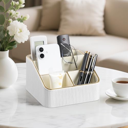 Remote Control Holder with 4 Compartments, PU Leather Small Nightstand Organizer for Home Desk Accessories Office Supplies, Multifunctional Stylish Small Bedside Desktop Organizers (White) - color: White