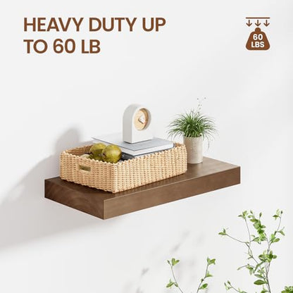 Heimlove Solid Wood Floating Shelves 16 inch, 8 Inch Deep Display Shelves Set of 2, Wall Mounted Floating Shelf with Invisible Brackets for Bathroom Bedroom Kitchen Living Room - American Walnut - color: American Walnut, size: 16”Wx8”Dx1.6”H