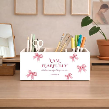Girls Pink Bow Wooden Desk Organizer | Cute pink bow design; wooden pen and pencil holder keeps study, office, or home desktop supplies organized. - color: Fearfully Made