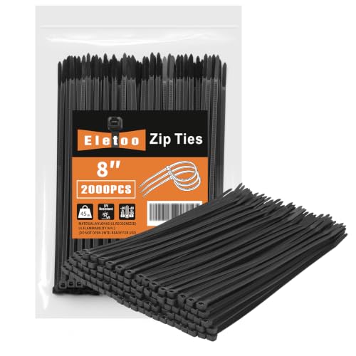 8 Inch Black Zip Ties 2000 Pack, 45 LBS Tensile Strength, Self-Locking Nylon UV Resistant Cable Ties for Indoor and Outdoor - color: Black, size: 8inch (2000Pcs)