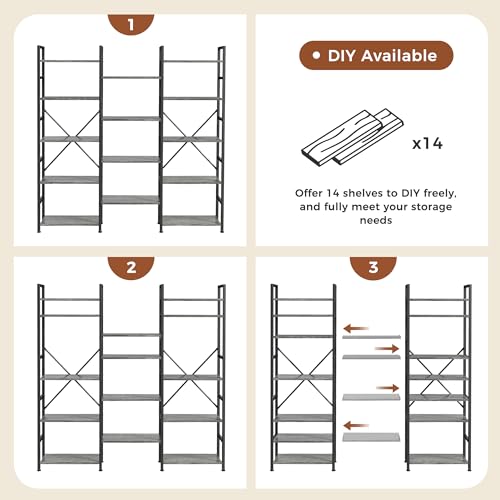 SUPERJARE Triple Bookshelf, Bookcase with 14 Open Display Shelves, Wide Book Shelf Book Case for Home & Office, 5 Tier, Grey - color: Grey, size: 5 Tier