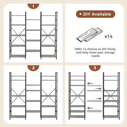SUPERJARE Triple Bookshelf, Bookcase with 14 Open Display Shelves, Wide Book Shelf Book Case for Home & Office, 5 Tier, Grey - color: Grey, size: 5 Tier