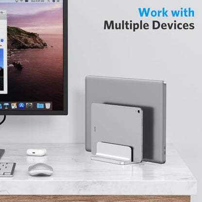 OMOTON Vertical Laptop Stand [Updated Double Version], Desktop Aluminum Mac Book Stand with Adjustable Dock Size, Fits All Mac Book, Surface, Chrome Book and Gaming Laptops (Up to 17.3 inch) (Silver) - color: Silver