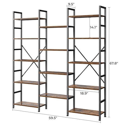 SUPERJARE Triple Bookshelf, Bookcase with 14 Open Display Shelves, Wide Book Shelf Book Case for Home & Office, 5 Tier, Brown - color: Rustic Brown, size: 5 Tier