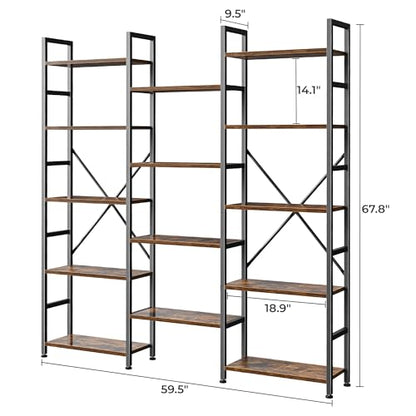 SUPERJARE Triple Bookshelf, Bookcase with 14 Open Display Shelves, Wide Book Shelf Book Case for Home & Office, 5 Tier, Brown - color: Rustic Brown, size: 5 Tier