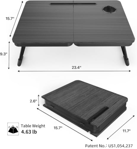 BUYIFY 23.4" Foldable Lap Desk Bed Table with Cup Holder Portable Tray | Folds Flat for Easy Storage, No Assembly Laptop Bed Desk, Sturdy and Lightweight, Versatile for Work Eat Study, Patent Design - color: Deep Black