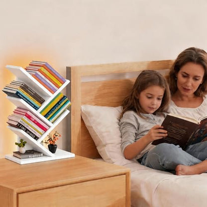 Godferyxin Tree Bookshelf with Liting,Small Bookcase LED and Desktop Book Shelf Light for Office, Home or School Mini Bookcase for Displaying Books, CDs, Magazines Wood White Bookshelf Small - color: 5tier-bookshelf Liting White