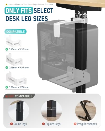 TOPSKY Adjustable Under-Desk PC Mount, No-Drill Computer CPU Holder for Standing Desks, Supports up to 50 lbs, Easy Installation, (Only Fits 80x50mm 75x45mm 65x45mm Desk Legs),White - color: White
