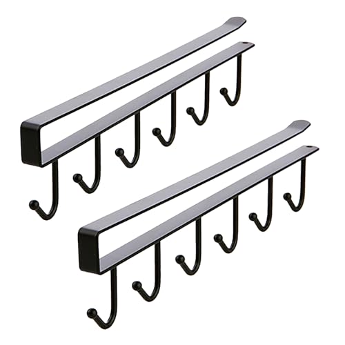 Kitchen Hook Holder Under Cupboard, Under Cabinet Utensils Hanging Hooks Rack, Drilling Free Cabinet Door Hanging Hook Rack,6 Hooks Kitchen Storage Utensil Organizer Hook Rack,2 Pack (Black) - color: Black 2pcs