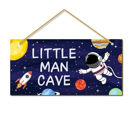 Little Man Cave, Space themed Room Decor for Boys Wooden Door Sign Baby Boys Bedroom Wall Decorations for Nursery Toddler Nursery Playroom Wall Art - color: boy cave (space)
