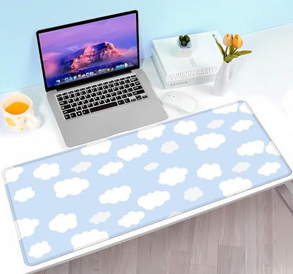 Cute Desk Pad, Blue Sky with Clouds Desk Mat, Large Mouse Pad, Protector Pad, Non-Slip Rubber Base with Stitched Edges Deskmat Writing Mat for Computer Laptop Office,31.5 X 11.8 in - color: Blue Sky with Clouds