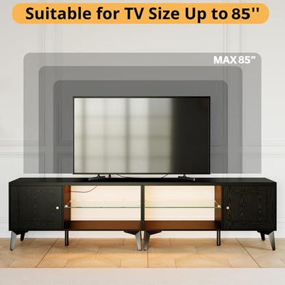 LIKIMIO 2-in-1 TV Stand for 85 Inch TV, Black TV Consoles with LED Lights | 2 Storage Cabinets & Adjustable Glass Shelves, with Charging Station, TV Table for Living Room & Bedroom
