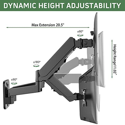 UPGRAVITY Dual Monitor Wall Mount, Double Monitor Wall Stand for Two 17-32 inch Flat Computer Screens, Height Adjustable Gas Spring Mounted Bracket Arms Hold up to 17.6lbs, VESA 75/100