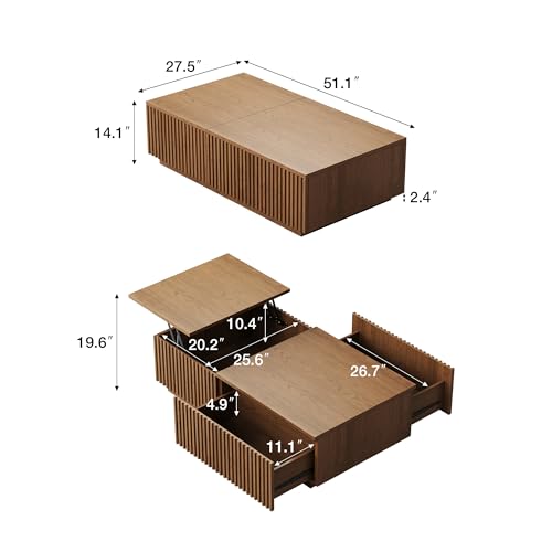 Walnut TV Stand and Lift-Top Coffee Table Set with Fluted Panel | Living Room Furniture Set, Walnut Finish, Adapts to Mid-Century Modern and Contemporary Home Styles