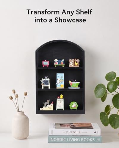 9"x13.5" Small Arched Trinket Display Shelf Shadow Box, Black | Fully Assembled, Wooden Shelf for Wall or Desk, Display Collectibles, Knick Knacks, Mini Figurines, Perfumes & Crystals - color: Black