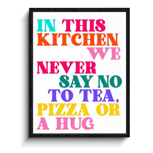 Kitchen Quote Wall Art, tea pizza hug message, colorful wall decor, ready to hang framed canvas print, kitchen poster artwork, for kitchen housewarming gift, 12x15 inch - color: Colorful Kitchen Quote
