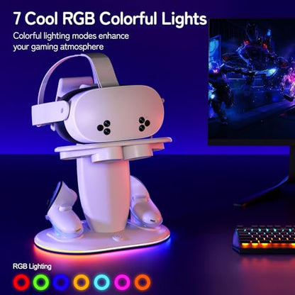 Fast Charging Dock for Meta Quest 3/3s/2 vr Headset and Magnetic Charger for Controllers Simultaneously, RGB Charging Station & Display Stand with Rechargeable Batteries 2pcs and UL AC Adapter