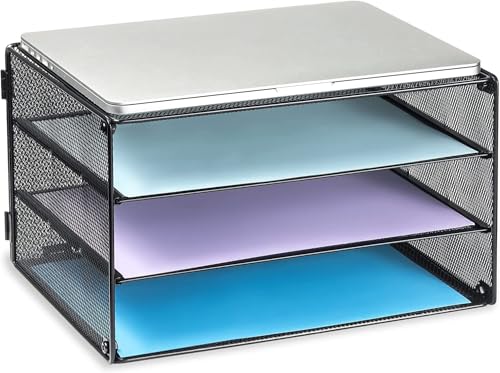 DALTACK 3 Tier Letter Tray Paper Organizer for Desk, Mesh Metal Desk File Organizer with Sliding Trays for Letter/A4 Paper, Mail, Bills & Folders, Black - color: Black