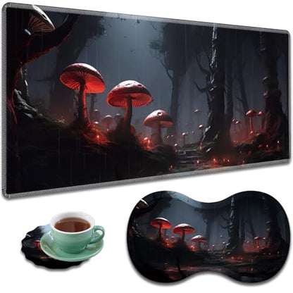 Large Gaming Mouse Pad + Mouse Wrist Rest Pad + Coaster Combination, 31.5 "x 11.8" Durable Non-Slip Extension Table Mat, Suitable for Office and Home, Mushrooms Forest - color: Mushrooms Forest