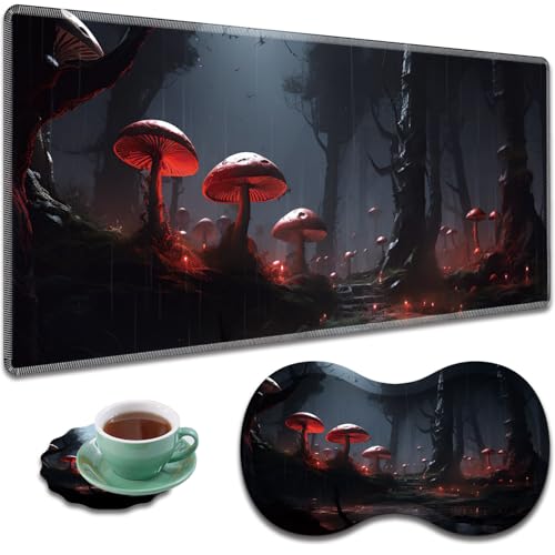 Large Gaming Mouse Pad + Mouse Wrist Rest Pad + Coaster Combination, 31.5 "x 11.8" Durable Non-Slip Extension Table Mat, Suitable for Office and Home, Mushrooms Forest - color: Mushrooms Forest
