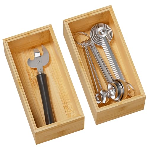 Kitchen Drawer Organizer Bins, Stackable Bamboo Deep Drawer Organizer for Silverware, Utensils, Cutlery, Flatware, Junk Drawer, Dresser, Bathroom, 6" x 3" x 2.5" (Set of 2) - color: Bamboo, size: 6 x 3 x 2.5 Inch