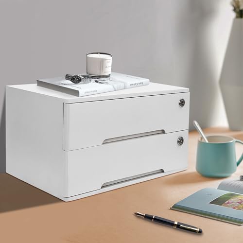 Wooden Desk Organizer with Drawers & Lock, Desktop Countertop Storage Cabinet Lockable Home Office Supplies File Tabletop Organizing Unit (2 Drawer - Modern White) - style: 2 Drawer - Modern White