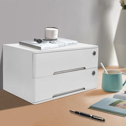 Wooden Desk Organizer with Drawers & Lock, Desktop Countertop Storage Cabinet Lockable Home Office Supplies File Tabletop Organizing Unit (2 Drawer - Modern White) - style: 2 Drawer - Modern White