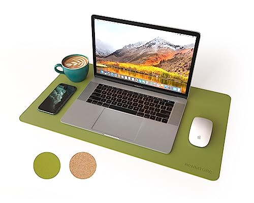 RENMTURE Dual-Sided Mouse Pad, Natural Cork & PU Leather Large Desk Pad for Office and Home Work, Desk Protector Non-Slip, Waterproof, Easy Clean (Olive Green, 23.6" x 13.7") - color: Olive Green, size: 23.6"x13.7"