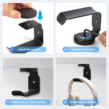 Magnetic Headphone Holder, Large Headset Hooks, Aluminum Headphone Hanger for Desk & Table, Headphone Mount Stand with Rubber Pad, Compatible with All Computer/Gaming Headsets (Black)