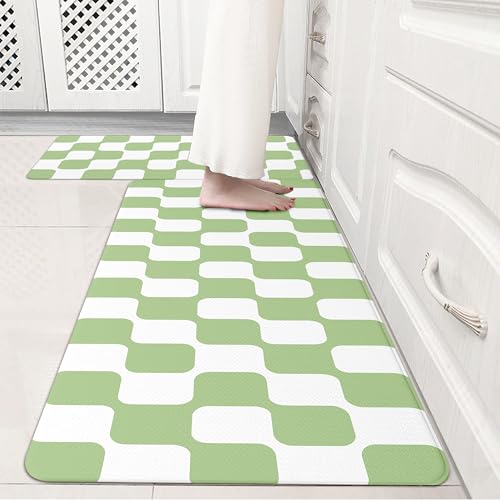 Fresh Green Retro Curvy Checkered Grid Checkerboard Kitchen Rug Sets [2 PCs], Anti-Fatigue, Waterproof Non-Slip Kitchen Mats Heavy Duty Comfort Foam Rug for Floor, Home, Laundry,17"x29"+17"x47" - color: Milkgrid-fresh Green, size: 17.3"x29"+17.3"x47"-0.4"