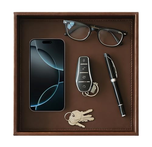 HofferRuffer Faux Leather Vanity Tray, Elegant Desktop Storage Organizer, Decorative Catchall for Perfume, Bathroom Valet, Nightstand or Dresser, 10 x 10 x 1.8 inches (Brown) - color: Brown, size: 10" x 10" x 1.8"