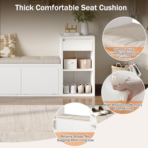 JIJIWANG 77.48" W Entryway Storage Bench with Cushion, 4-in-1 Hallway Bench with Drawers, Compartments and Open Shelves, Mudroom Bench for Shoes and Storage, White - color: White