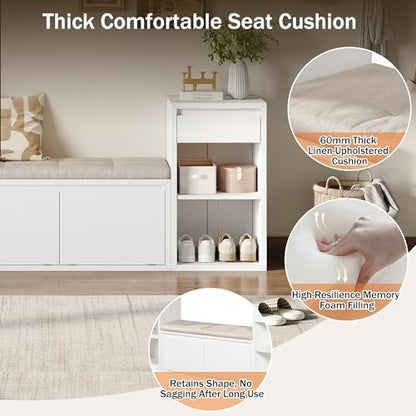 JIJIWANG 77.48" W Entryway Storage Bench with Cushion, 4-in-1 Hallway Bench with Drawers, Compartments and Open Shelves, Mudroom Bench for Shoes and Storage, White - color: White