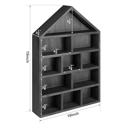 Threehoney House Shaped Wooden Shadow Cubby Box Hanging Display Shelf Organizer Wall Mounted Curio Cabinet Wooden Display Case Miniature Shelf for Figures(Black,10 x 15 x 2.24 Inch) - color: Black
