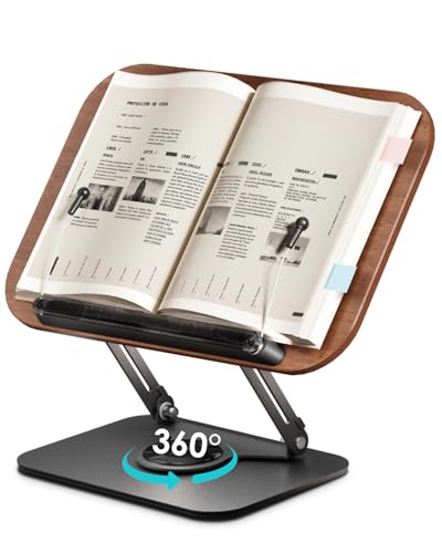 Viozon Book Stand for Reading,Book Holder, Height&Angle Adjustable, 360° Rotating Base, Foldable and Portable, Lightweight for Office, Kitchen, School Textbook, Recipe, Magazine,Kindle,Tablet DW - color: Dark Wood