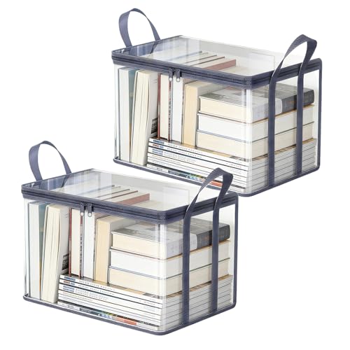 2-Pack Large Clear Book Storage Bags - Waterproof Plastic Comic Book Bin with Carrying Handles - Portable Book Display Case & Closet Organizer for Used Books, DVDs and Magazines - 15" x 9.5" x 12.5" - color: Gray, size: 2-Pack