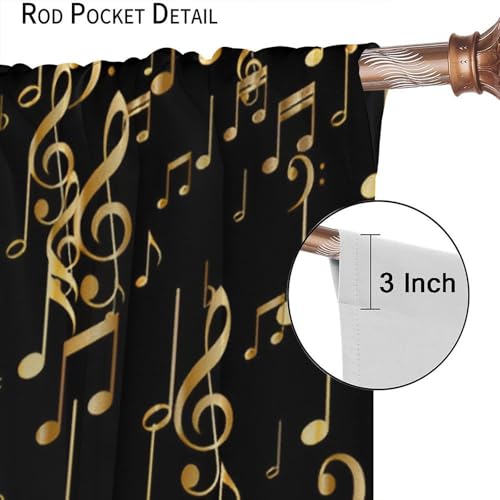 Musical Notes Curtains, Golden Music Note Print Black Background Modern Art Window Treatments Drapes for Living Room Bedroom Kitchen Home 42" W X 45" L(No Blackout) - color: Musical-10, size: 20.5"W x 45"L (Pack of 2)