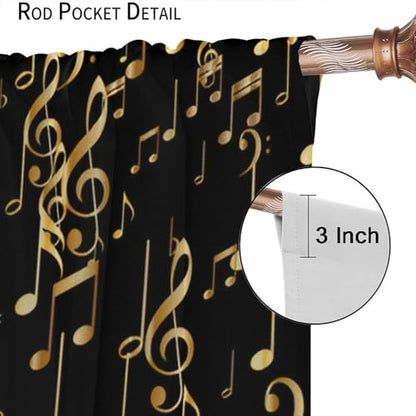 Musical Notes Curtains, Golden Music Note Print Black Background Modern Art Window Treatments Drapes for Living Room Bedroom Kitchen Home 42" W X 45" L(No Blackout) - color: Musical-10, size: 20.5"W x 45"L (Pack of 2)