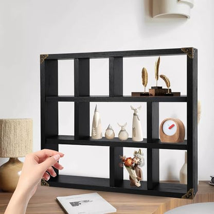 17.7x15.7-Inch Shadow Box Shelf 9-Slot Rustic Floating Shelves Larger Wall Mounted Lightweight Solid Wood Display Freestanding Farmhouse Shelf (9C-Classic Black) - color: 9c-classic Black, size: 1 PCS