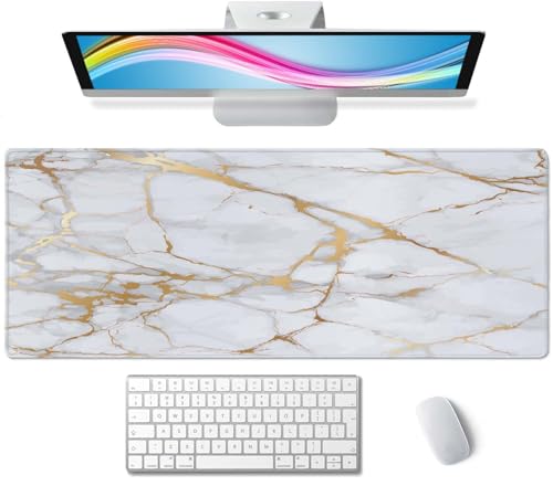 Desk Mat White Golden Marble Texture Large Keyboard Mouse Pad for Laptop PC Setup Desk Cover Protector Desk DéCor for Office Home Work Gaming 31.5" X 11.8" Stitched Edge Non-Slip Design - color: White Golden Marble Texture
