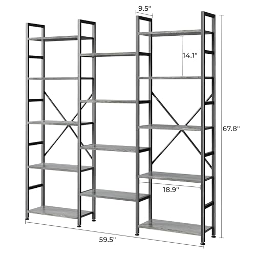 SUPERJARE Triple Bookshelf, Bookcase with 14 Open Display Shelves, Wide Book Shelf Book Case for Home & Office, 5 Tier, Grey - color: Grey, size: 5 Tier