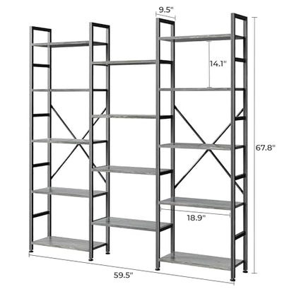 SUPERJARE Triple Bookshelf, Bookcase with 14 Open Display Shelves, Wide Book Shelf Book Case for Home & Office, 5 Tier, Grey - color: Grey, size: 5 Tier