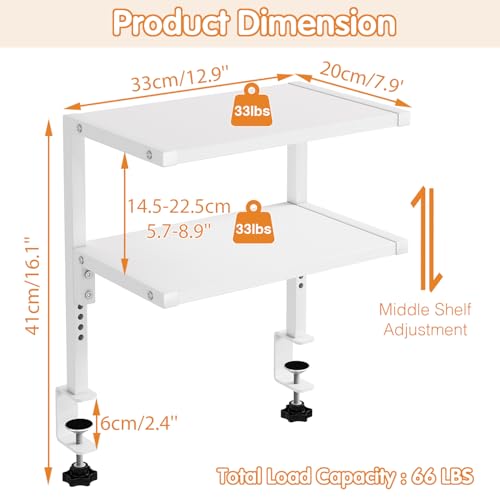 IBUYKE Clamp on Desk Organizer Shelf,12.9 inches Desk Extender Shelves, Above or Below Desk 2-Tier Adjustable Storage Shelves for Desktop Accessories,White,TMZ007W - color: White