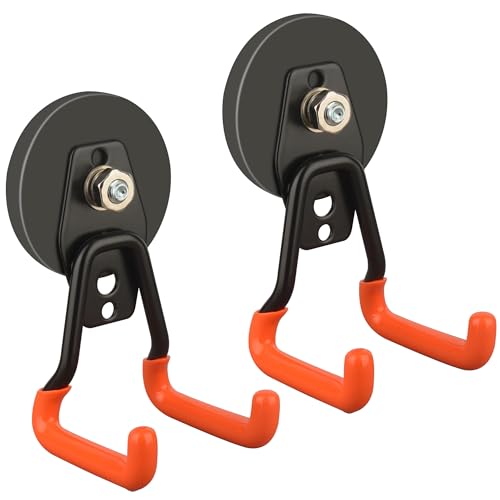 ULIBERMAGNET New Upgraded Heavy Duty Magnetic Garage Hooks,2 Pack Strong Large Magnet Hooks for Power Drill,Garden Tools,Hose,Pegboard,Garage, Workshop,Magnetic Storage Hook for Hanging(Orange) - style: V1 PRO 2.59" Medium L Orange 2PC