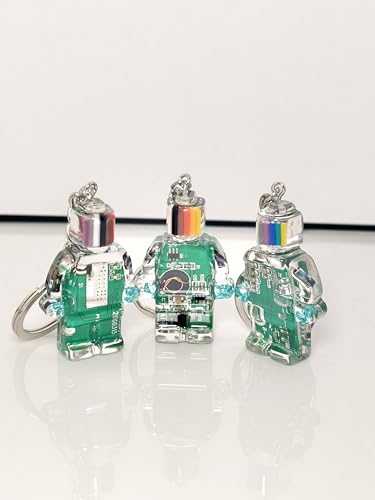 Upcycled Circuit Board Robot Keychain, Handmade Real PCB Resin Charm, Unique Cyberpunk Gift for IT - color: Green