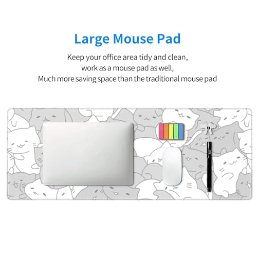 White Kawaii Cats E-Sport Mouse Pad Large Desk Mat Non-Slip Rubber Base Stitched Edge Keyboard Mouse Pad for Office Home E-Sport Computer Laptop, 31.5×11.8 Inches - color: White Kawaii Cats